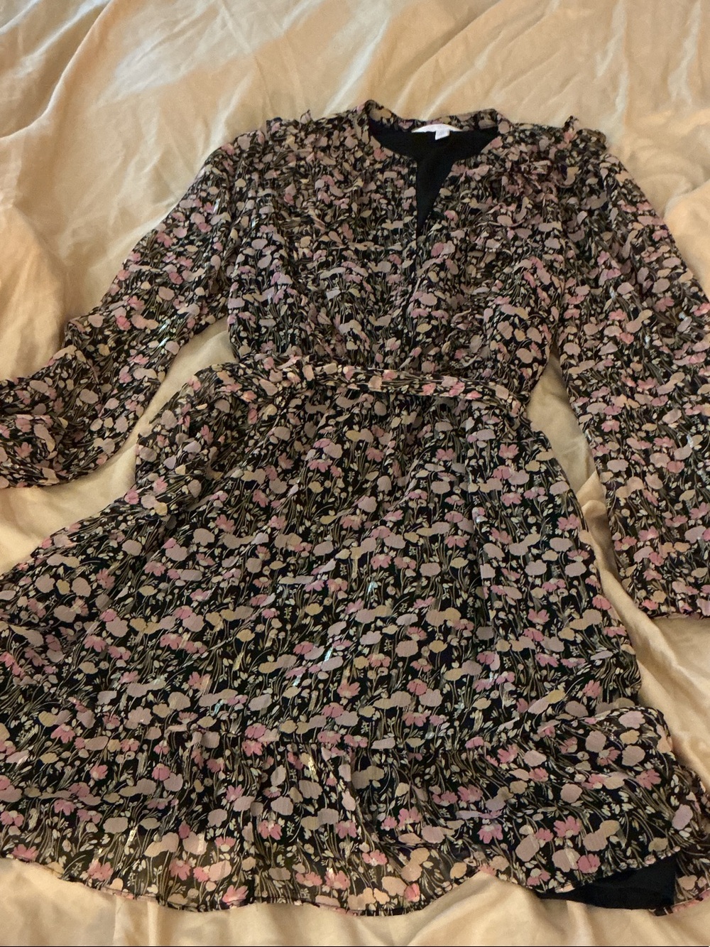 LC Lauren Conrad Black Floral Long-Sleeve Belted Dress with Pink Accents